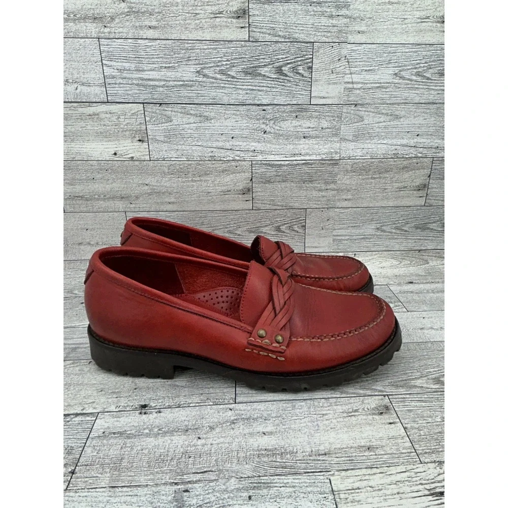 GH Bass Weejuns Calliope Red Leather Loafers Braided Detail Lug Sole Womens 6.5M